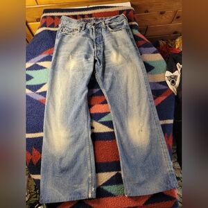 Ezra Fitch Boot Cut Jeans Mens 34x29 * Distressed Blue Denim Button Fly *Read*